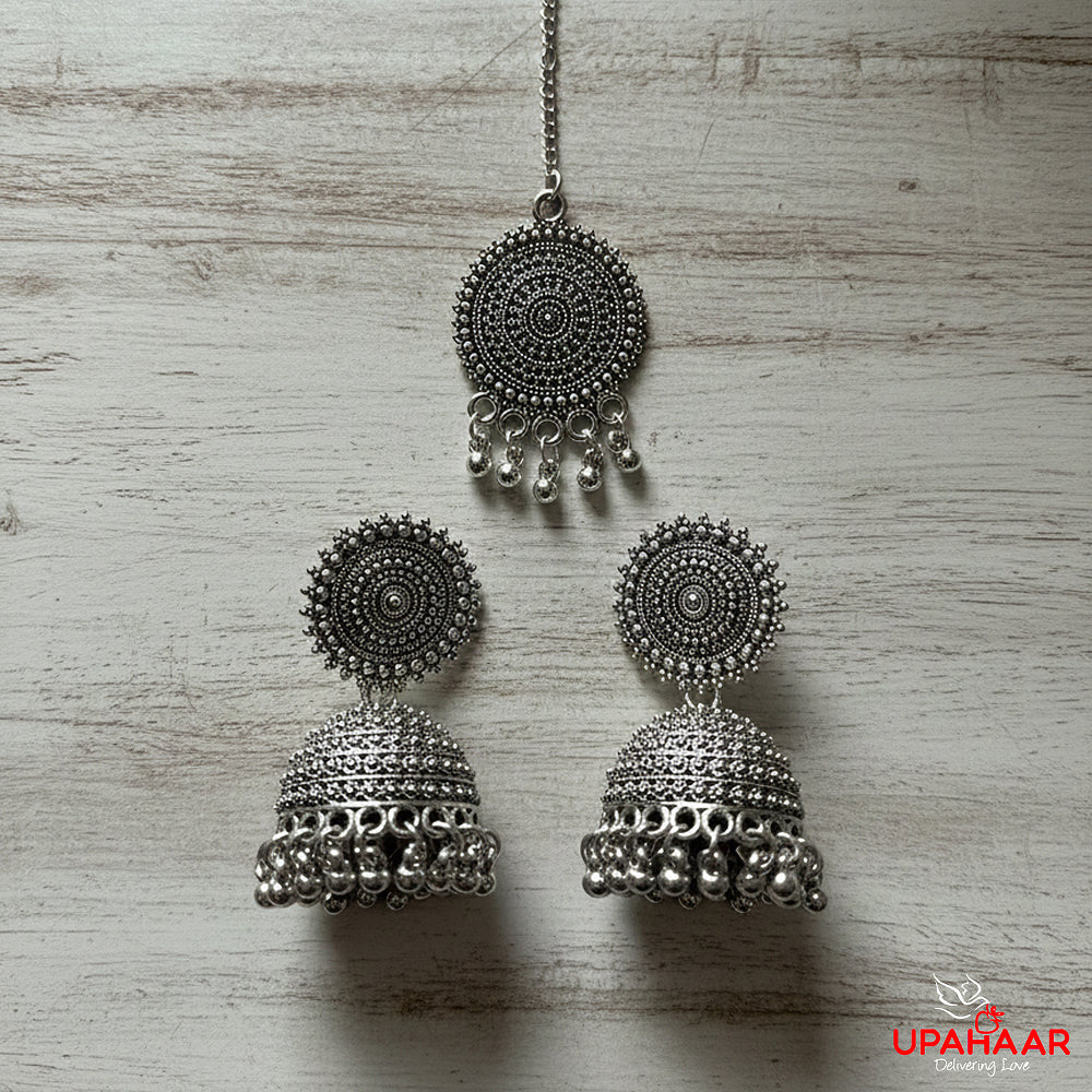 Silver Oxidized Jhumka & Tika