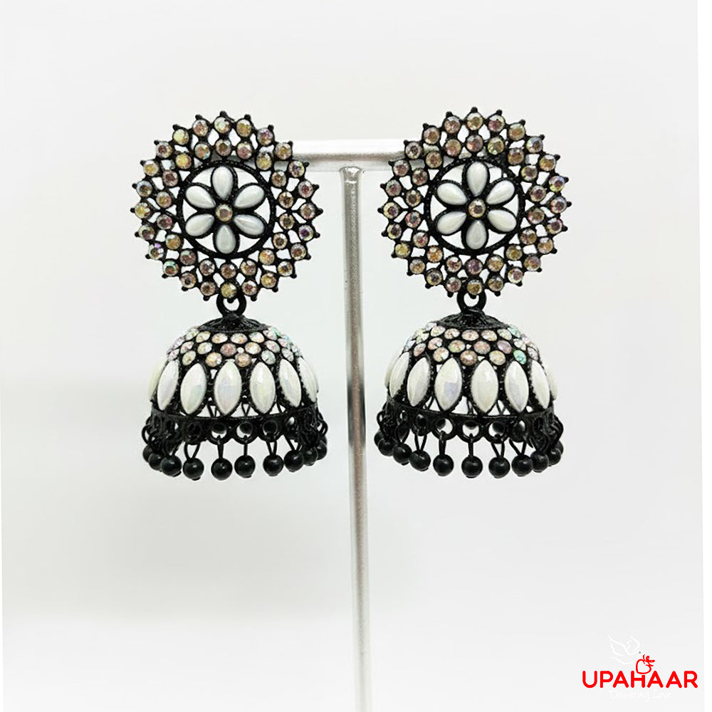 Black Jhumka with White and Multicolor Beads